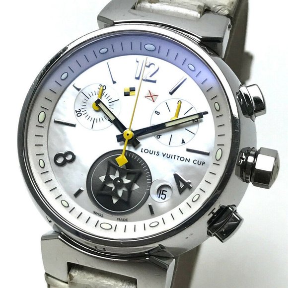 LOUIS VUITTON Tambour Lovely Cup MM Q132C Chronograph Quartz Watch SS White  Auth